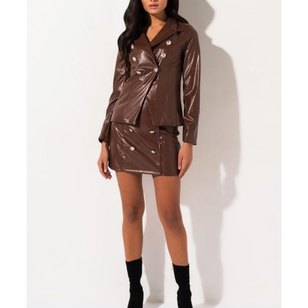 AKIRA SILVER METALLIC BUTTON FAUX LEATHER BROWN BLAZER NWT - Picture 1 of 16